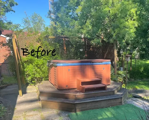 Nonworking hot tub and selected fencing before removal